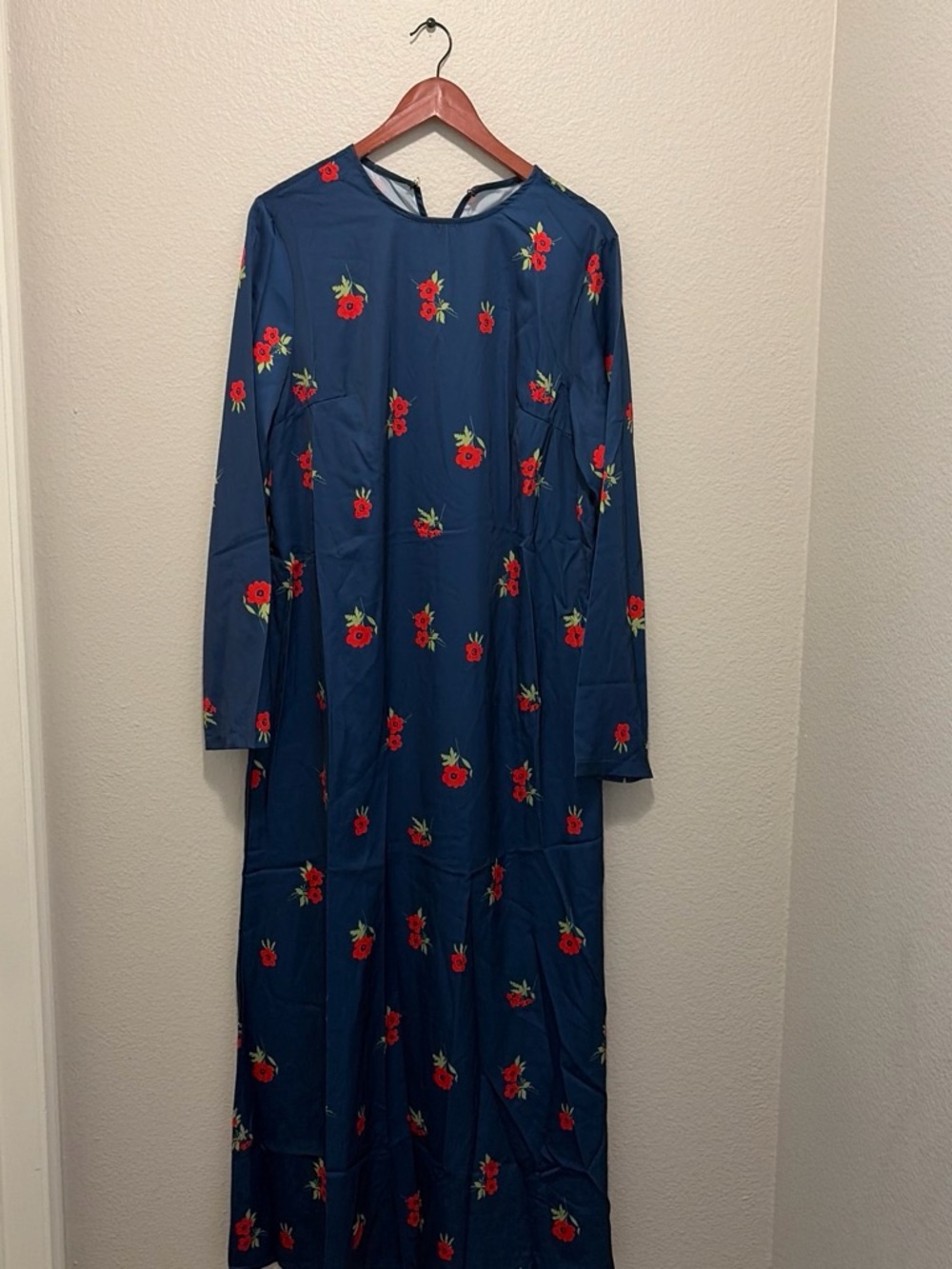 Navy Blue Long-Sleeve Floral Maxi Dress